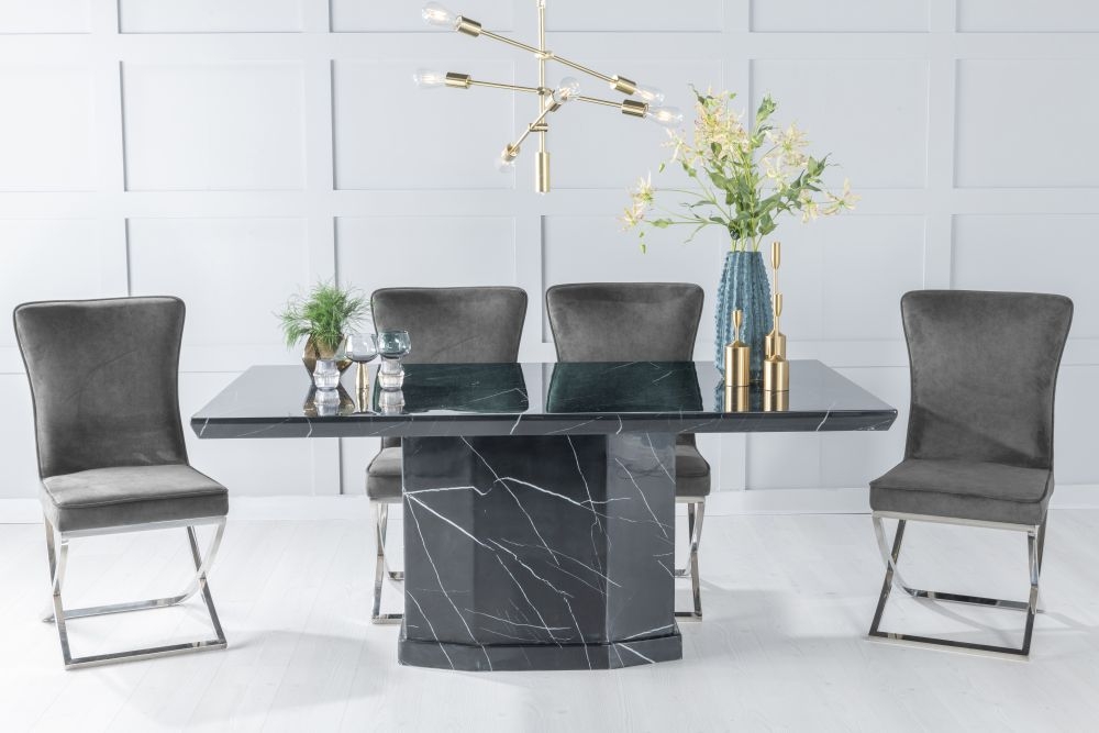 Naples Marble Dining Table Set Rectangular Black Top And Pedestal Base With Lyon Grey Fabric Chairs