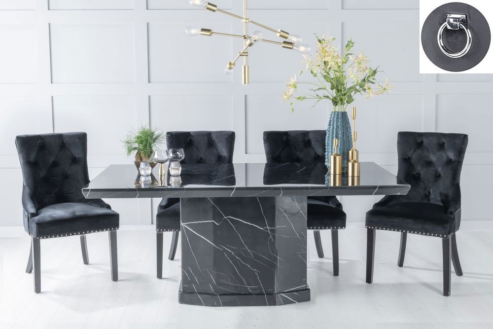 Naples Marble Dining Table Set Rectangular Black Top And Pedestal Base And Black Fabric Knocker Back Chairs With Black Legs