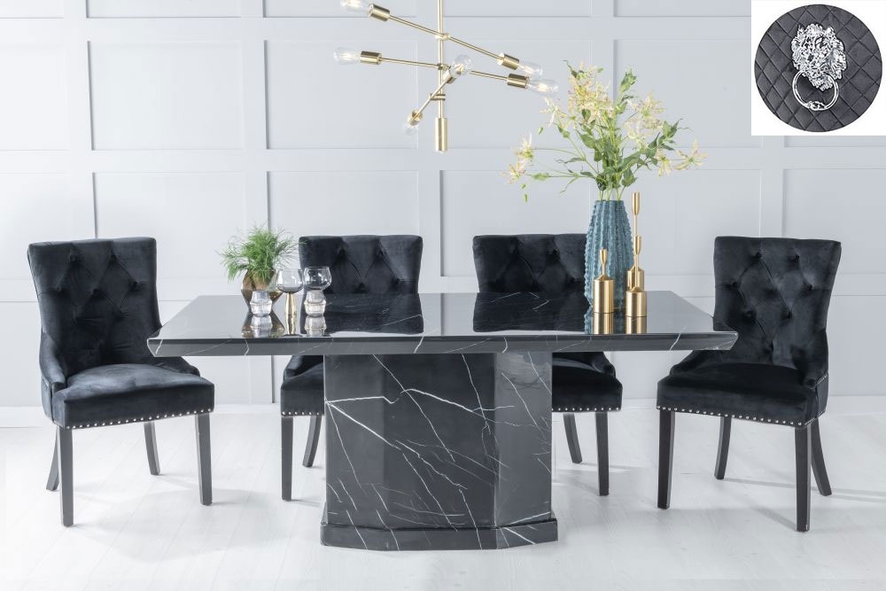 Naples Marble Dining Table Set Rectangular Black Top And Pedestal Base And Black Fabric Lion Head Ring Back Chairs With Black Legs