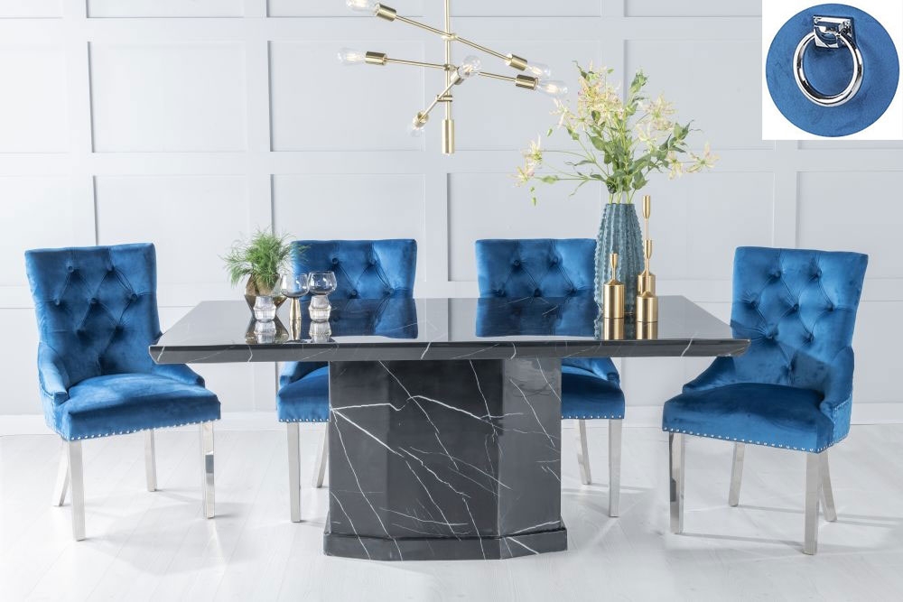 Naples Marble Dining Table Set Rectangular Black Top And Pedestal Base And Blue Fabric Knocker Back Chairs With Chrome Legs