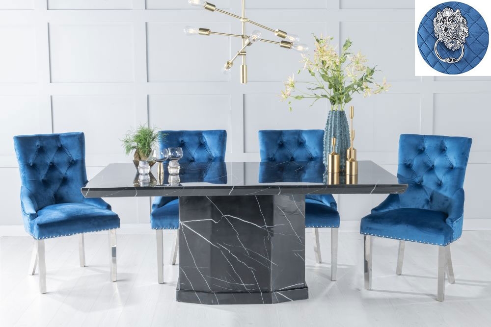 Naples Marble Dining Table Set Rectangular Black Top And Pedestal Base And Blue Fabric Lion Head Ring Back Chairs With Chrome Legs