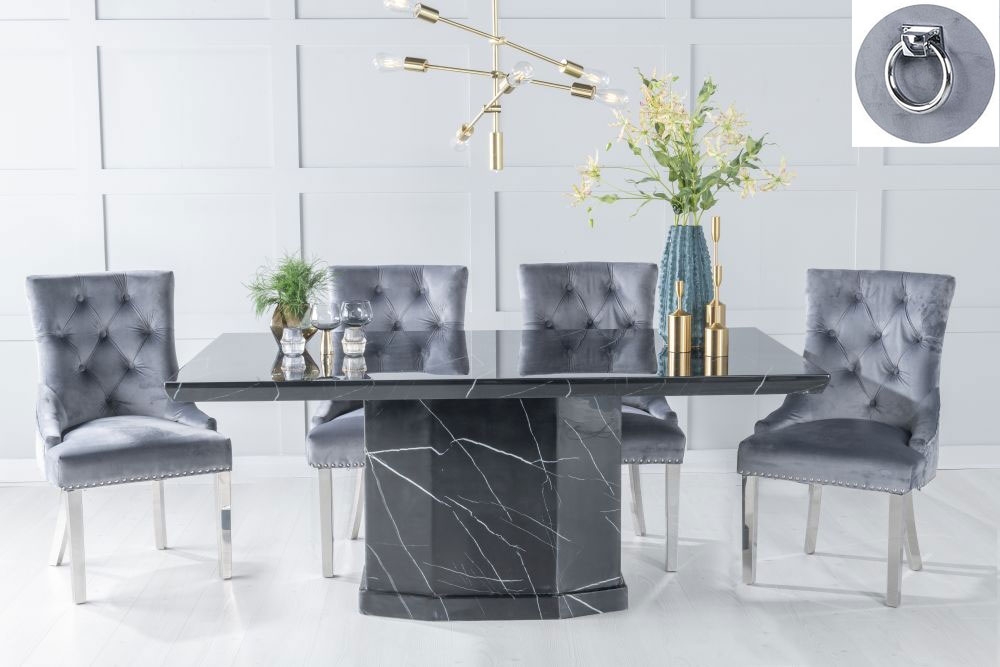 Naples Marble Dining Table Set Rectangular Black Top And Pedestal Base And Grey Fabric Knocker Back Chairs With Chrome Legs
