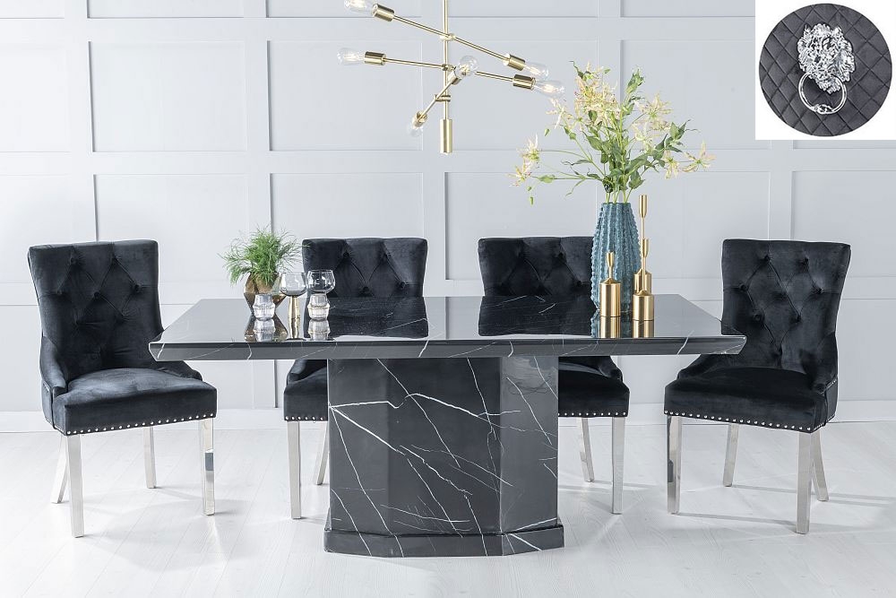 Naples Marble Dining Table Set Rectangular Black Top And Pedestal Base With Black Fabric Lion Knocker Back Chairs With Chrome Legs