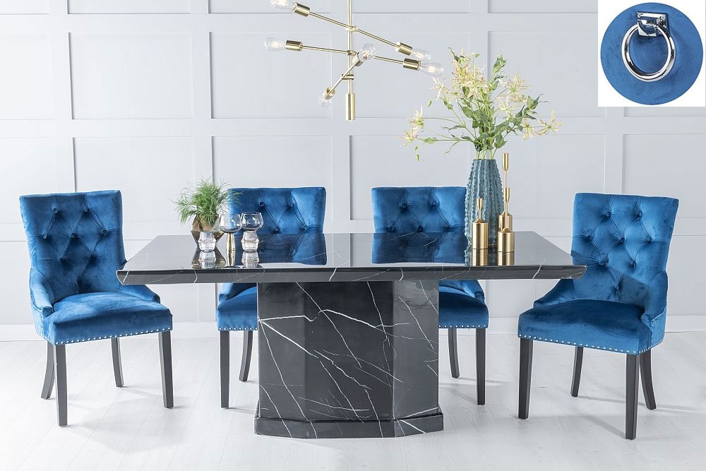 Naples Marble Dining Table Set Rectangular Black Top And Pedestal Base With Blue Fabric Knocker Back Chairs With Black Legs