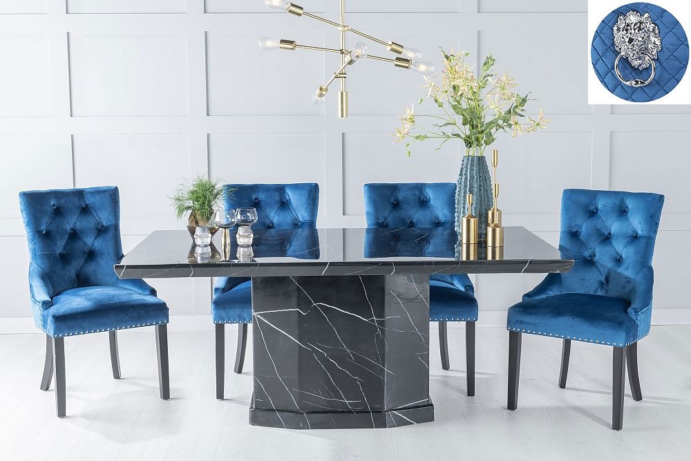 Naples Marble Dining Table Set Rectangular Black Top And Pedestal Base With Blue Fabric Lion Knocker Back Chairs With Black Legs