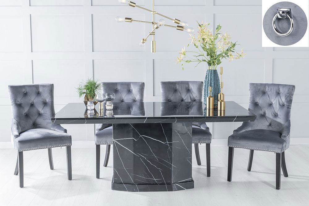 Naples Marble Dining Table Set Rectangular Black Top And Pedestal Base With Grey Fabric Knocker Back Chairs With Black Legs