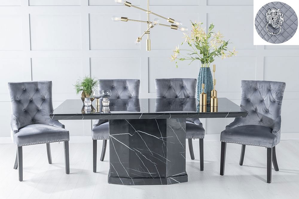 Naples Marble Dining Table Set Rectangular Black Top And Pedestal Base With Grey Fabric Lion Knocker Back Chairs With Black Legs