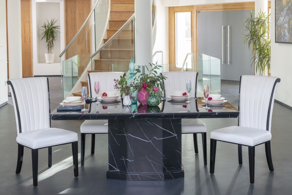 Naples Marble Dining Table Set Rectangular Black Top And Pedestal Base With Cadiz White Faux Leather Chairs