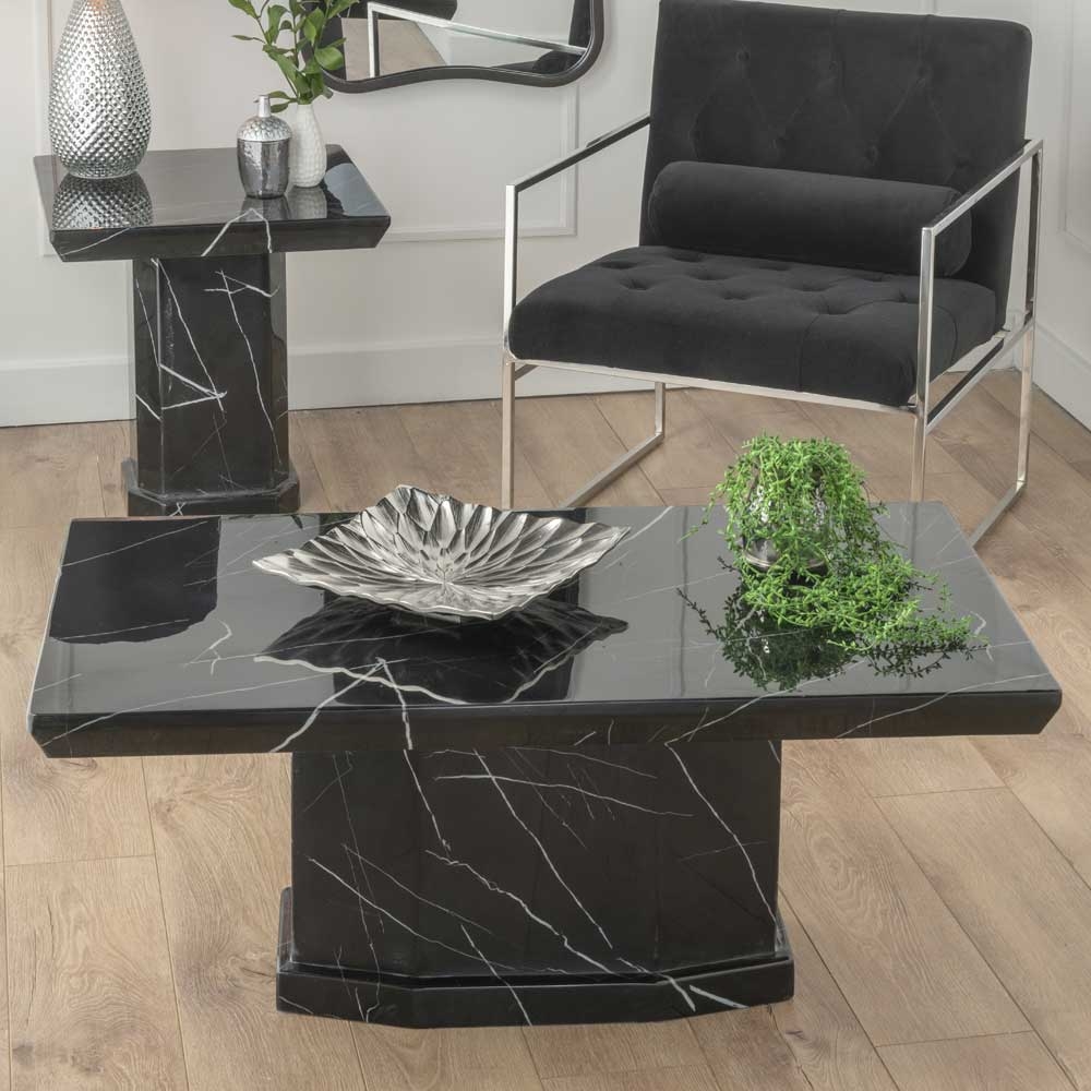 Naples Marble Coffee Table Black Rectangular Top With Pedestal Base