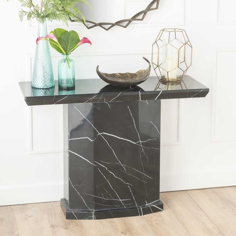 Naples Marble Console Table Black Rectangular Top With Pedestal Base