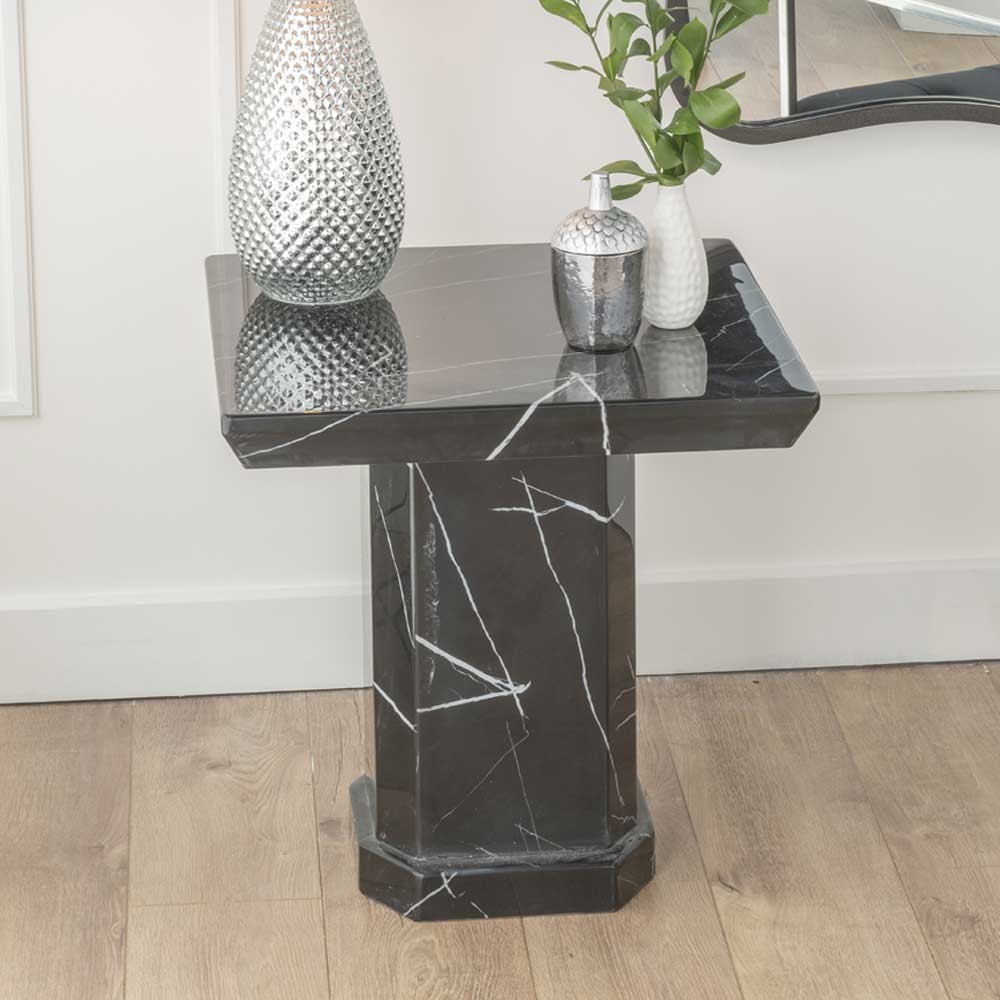 Naples Marble Side Table Black Square Top With Pedestal Base