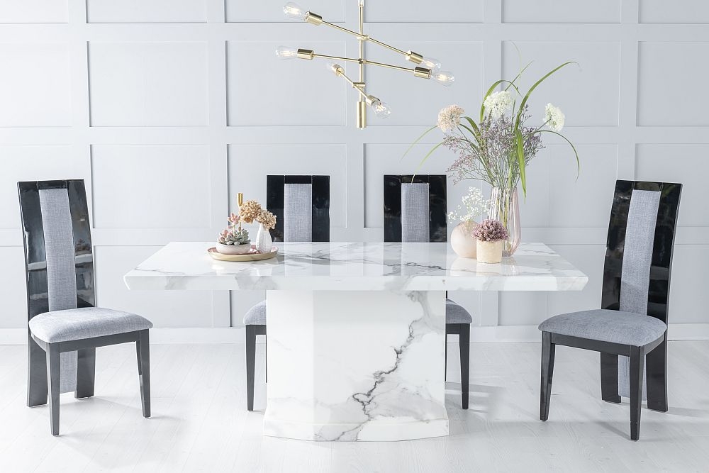 Naples Marble Dining Table Set Rectangular White Top And Pedestal Base With Alpine Black High Gloss And Grey Fabric Chairs