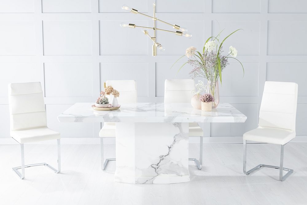 Naples Marble Dining Table Set Rectangular White Top And Pedestal Base With Arabella Cream Faux Leather Chairs