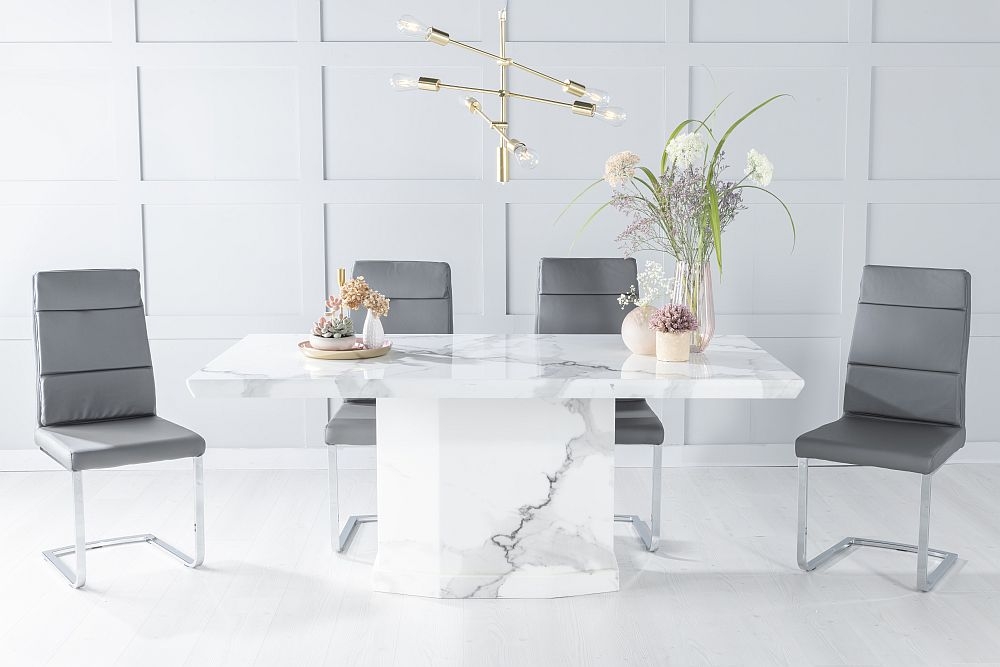 Naples Marble Dining Table Set Rectangular White Top And Pedestal Base With Arabella Dark Grey Faux Leather Chairs