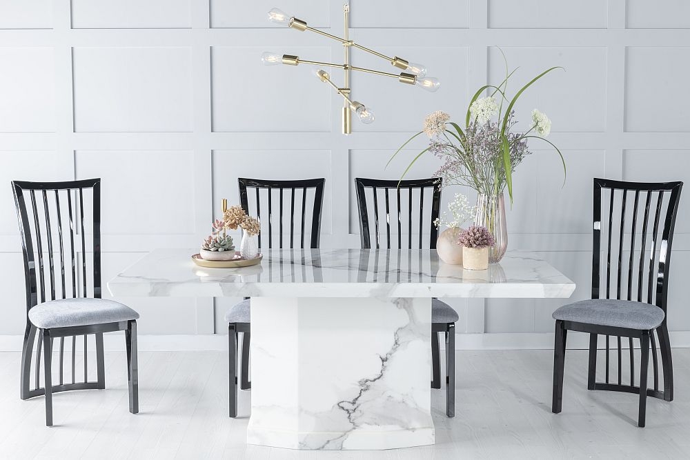 Naples Marble Dining Table Set Rectangular White Top And Pedestal Base With Athena Black High Gloss And Grey Fabric Chairs
