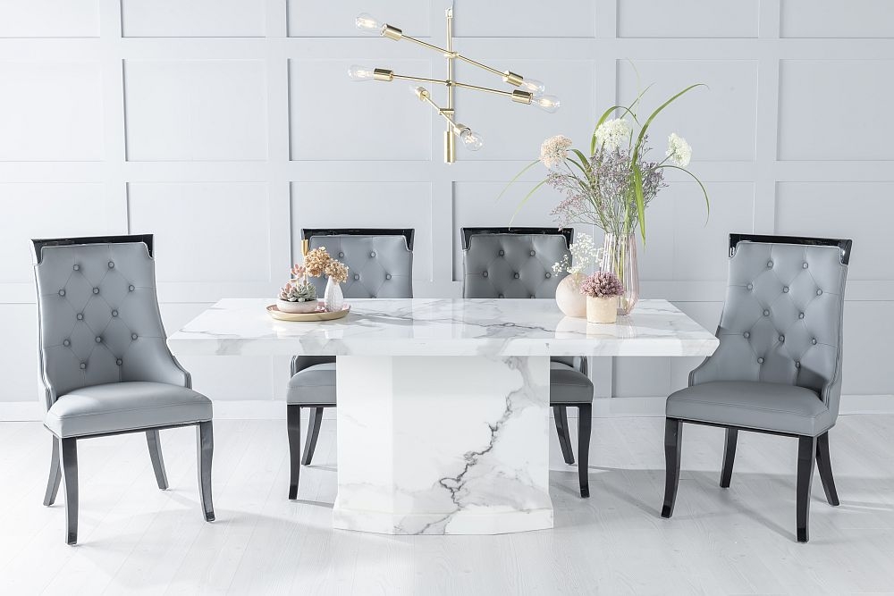 Naples Marble Dining Table Set Rectangular White Top And Pedestal Base With Carmela Grey Faux Leather Chairs