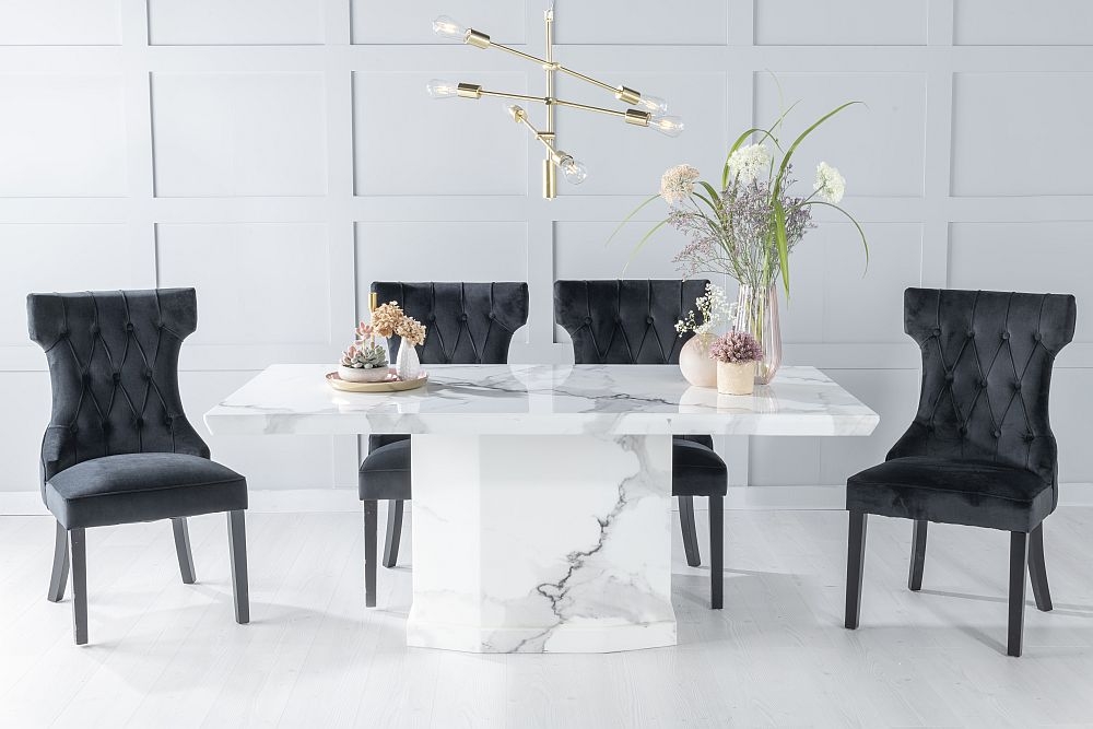 Naples Marble Dining Table Set Rectangular White Top And Pedestal Base With Courtney Black Fabric Chairs