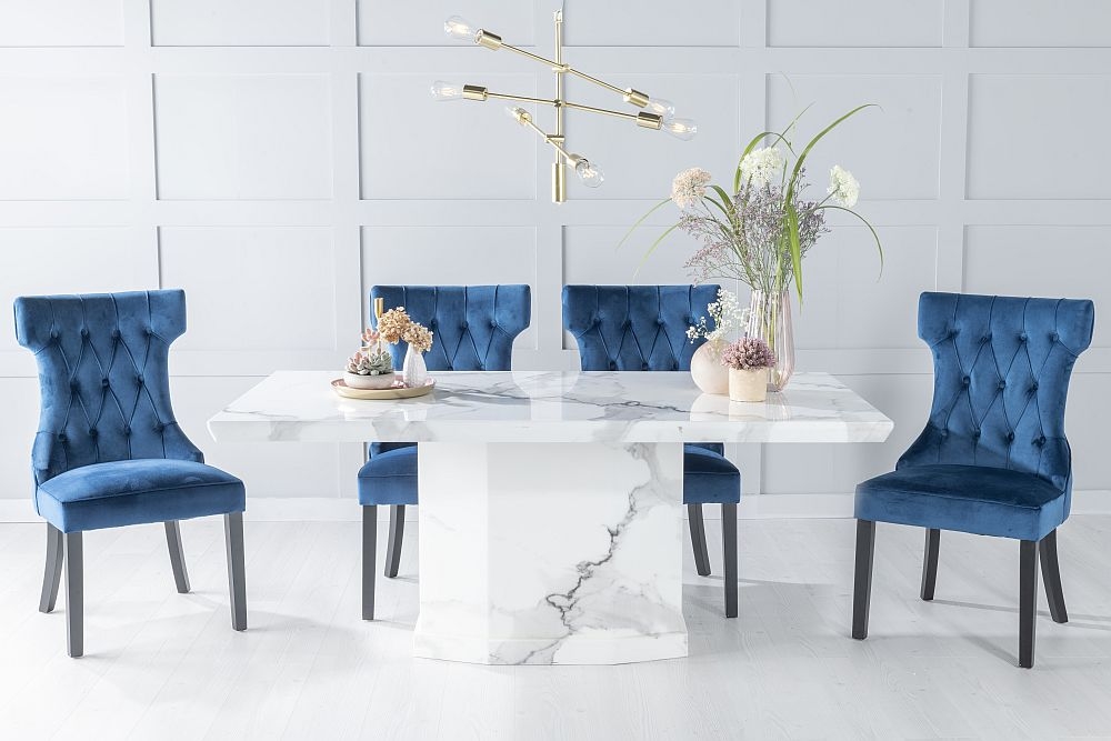 Naples Marble Dining Table Set Rectangular White Top And Pedestal Base With Courtney Blue Fabric Chairs