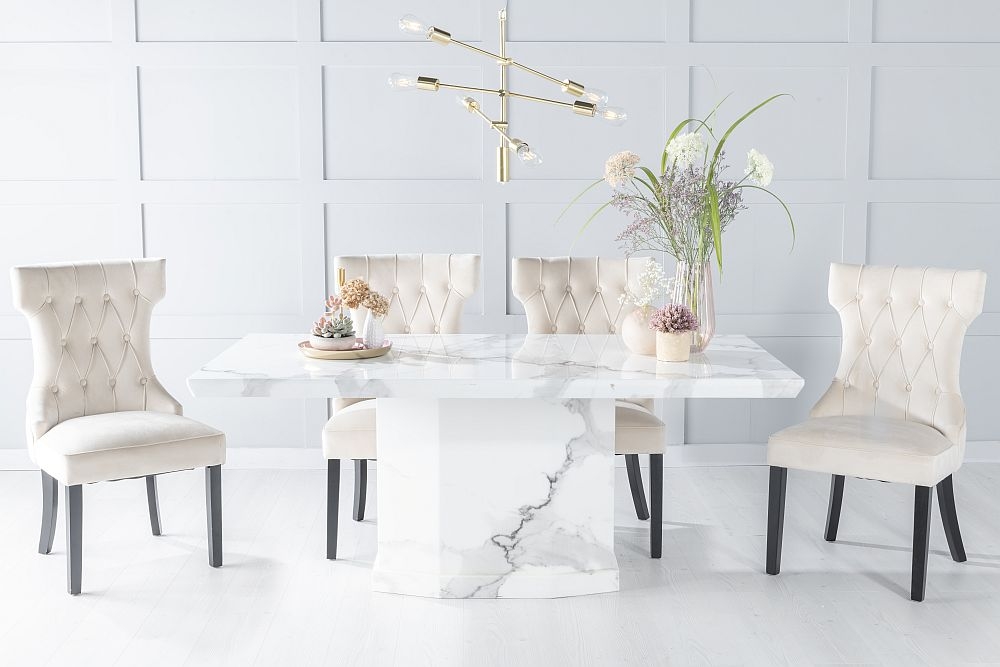 Naples Marble Dining Table Set Rectangular White Top And Pedestal Base With Courtney Champagne Fabric Chairs