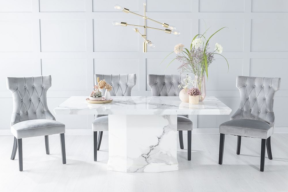 Naples Marble Dining Table Set Rectangular White Top And Pedestal Base With Courtney Light Grey Fabric Chairs