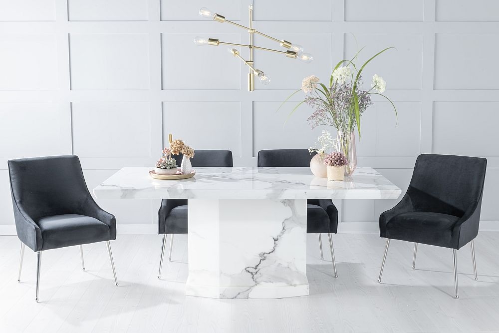 Naples Marble Dining Table Set Rectangular White Top And Pedestal Base With Giovanni Black Fabric Chairs