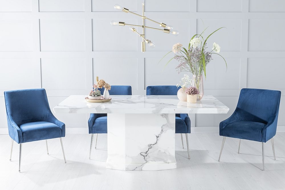 Naples Marble Dining Table Set Rectangular White Top And Pedestal Base With Giovanni Blue Fabric Chairs