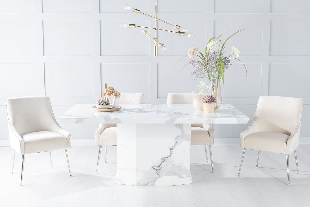 Naples Marble Dining Table Set Rectangular White Top And Pedestal Base With Giovanni Champagne Fabric Chairs