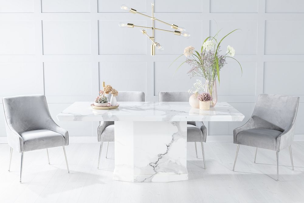 Naples Marble Dining Table Set Rectangular White Top And Pedestal Base With Giovanni Light Grey Fabric Chairs