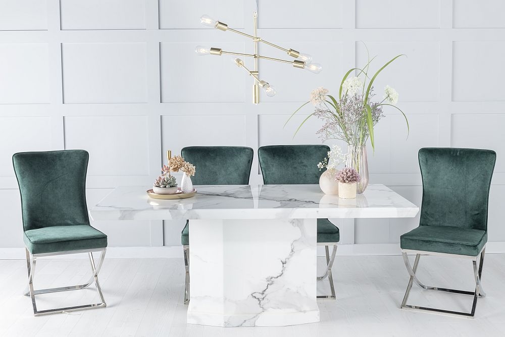 Naples Marble Dining Table Set Rectangular White Top And Pedestal Base With Lyon Green Fabric Chairs