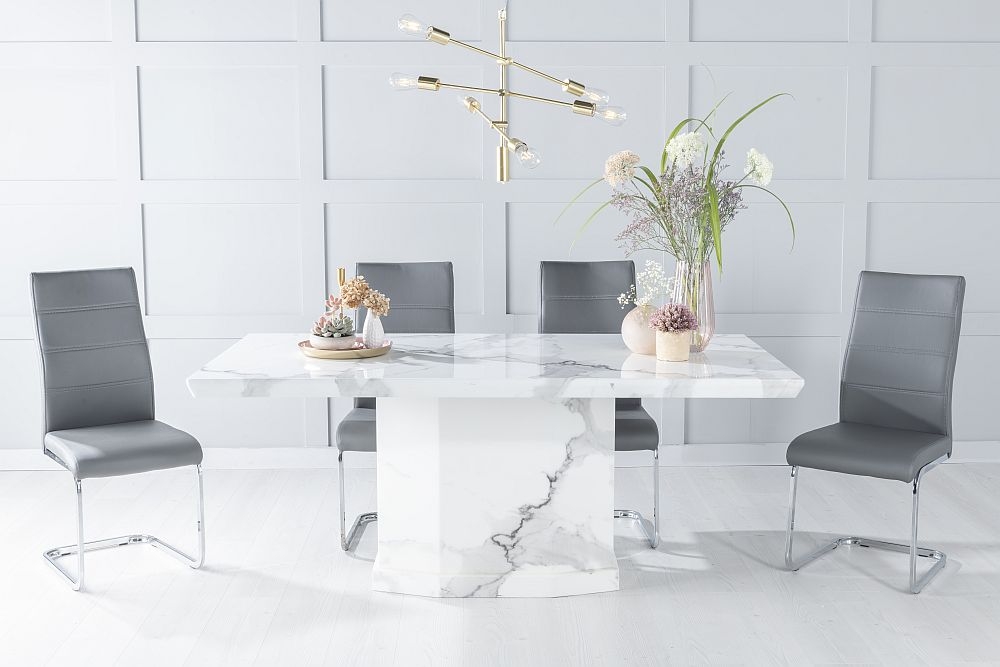 Naples Marble Dining Table Set Rectangular White Top And Pedestal Base With Malibu Dark Grey Faux Leather Chairs