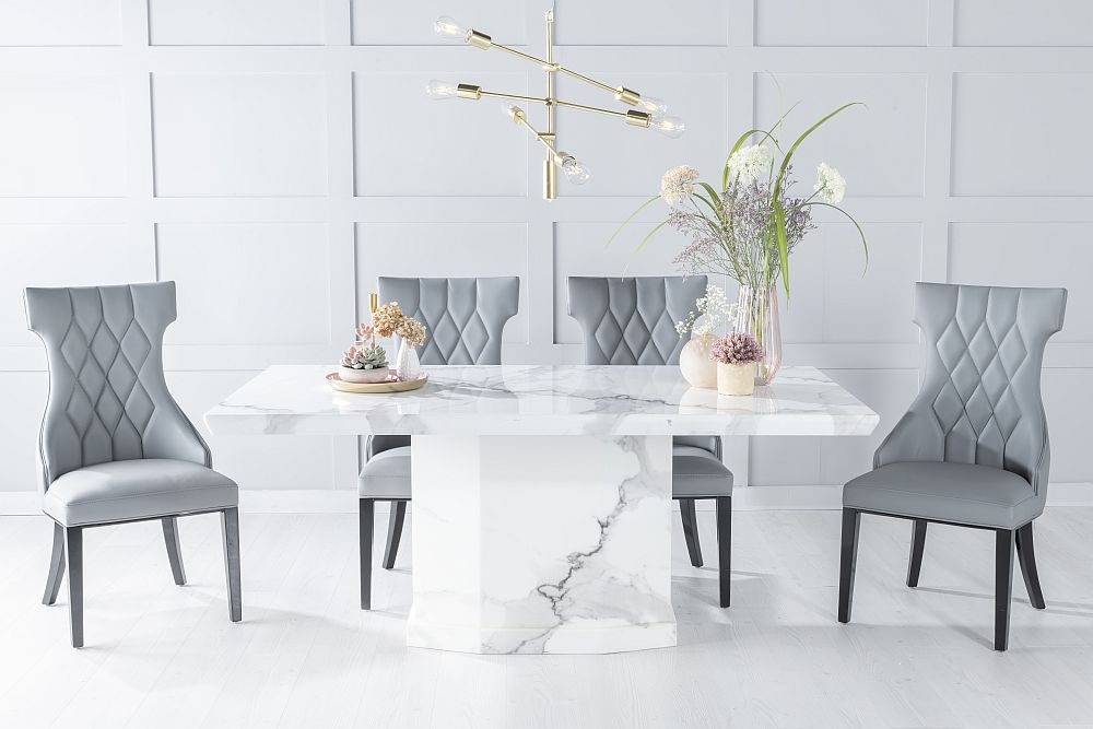 Naples Marble Dining Table Set Rectangular White Top And Pedestal Base With Mimi Grey Faux Leather Chairs