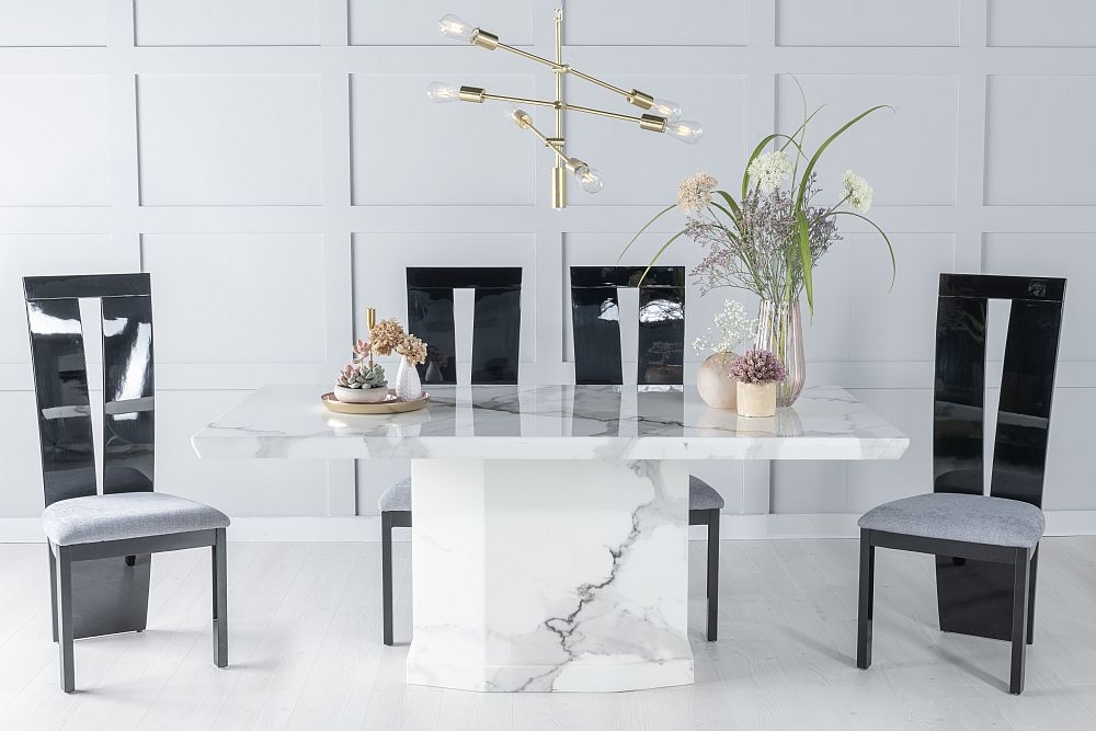 Naples Marble Dining Table Set Rectangular White Top And Pedestal Base With Vienna Black High Gloss And Grey Fabric Chairs