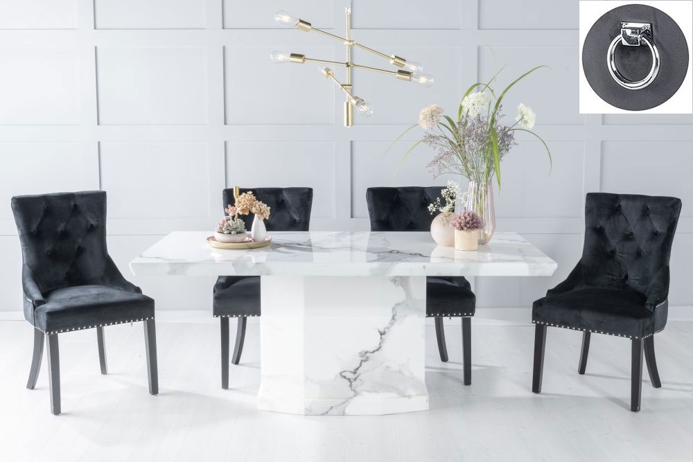 Naples Marble Dining Table Set Rectangular White Top And Pedestal Base And Black Fabric Knocker Back Chairs With Black Legs