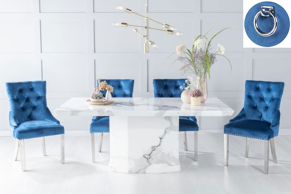 Naples Marble Dining Table Set Rectangular White Top And Pedestal Base And Blue Fabric Knocker Back Chairs With Chrome Legs