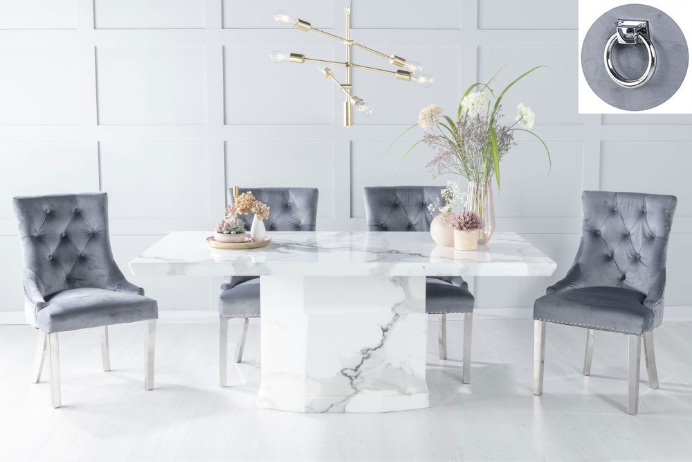 Naples Marble Dining Table Set Rectangular White Top And Pedestal Base And Grey Fabric Knocker Back Chairs With Chrome Legs