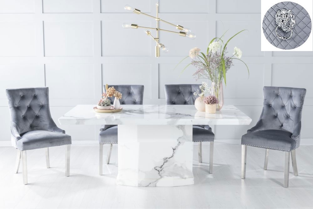 Naples Marble Dining Table Set Rectangular White Top And Pedestal Base And Grey Fabric Lion Head Ring Back Chairs With Chrome Legs