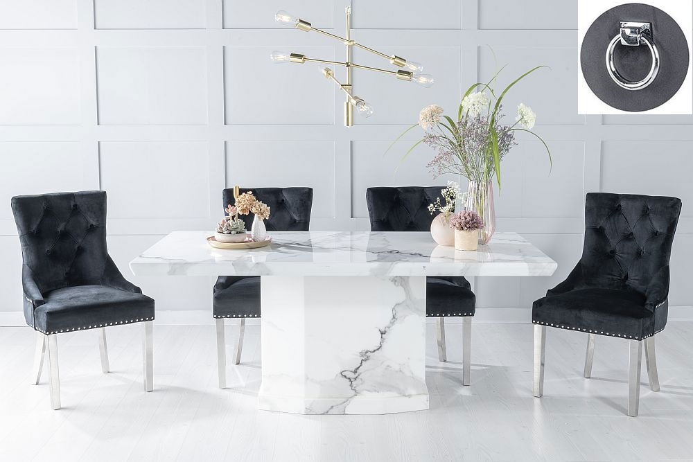 Naples Marble Dining Table Set Rectangular White Top And Pedestal Base With Black Fabric Knocker Back Chairs With Chrome Legs