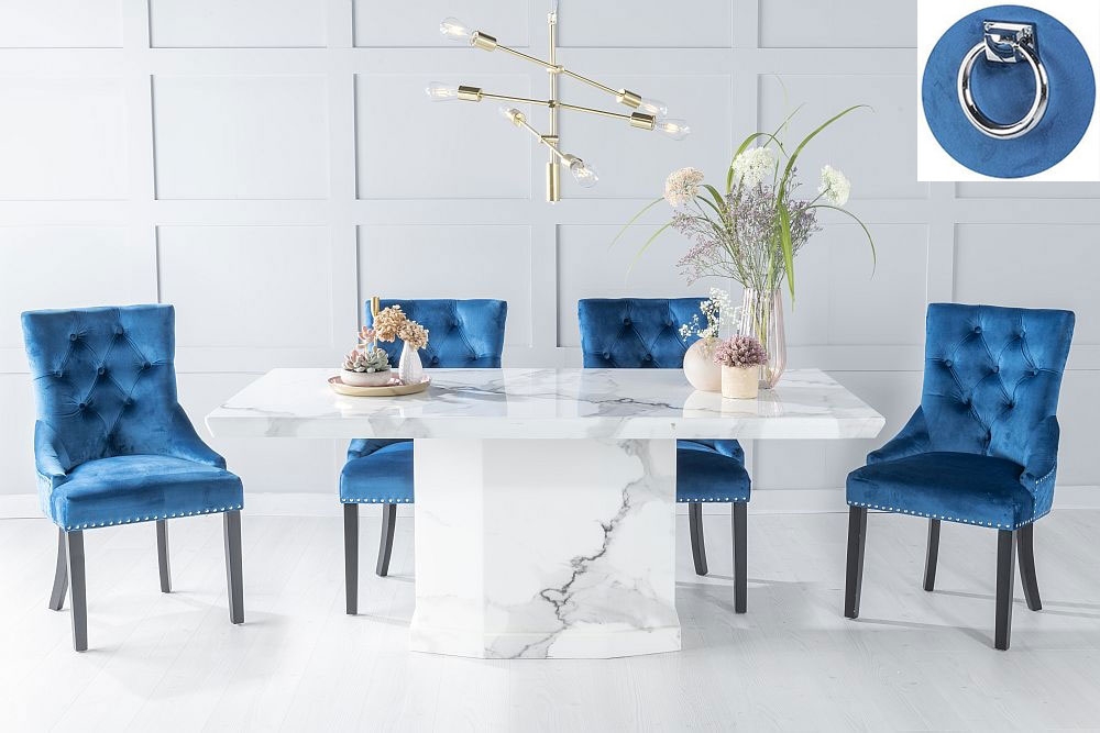 Naples Marble Dining Table Set Rectangular White Top And Pedestal Base With Blue Fabric Knocker Back Chairs With Black Legs