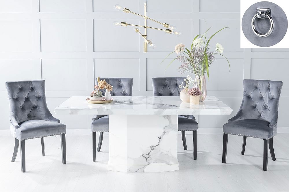 Naples Marble Dining Table Set Rectangular White Top And Pedestal Base With Grey Fabric Knocker Back Chairs With Black Legs
