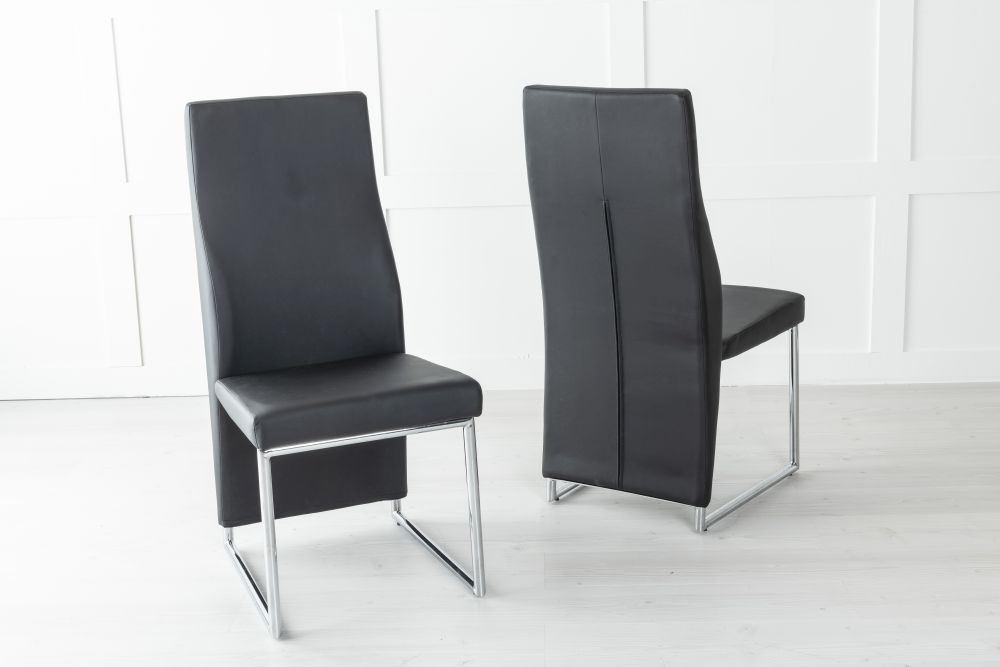 Perth Black Dining Chair Leather Faux Pu With High Back Stainless Steel Chrome Base