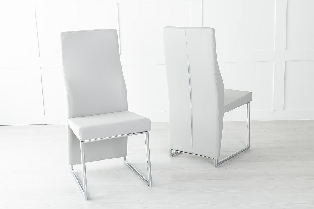 Perth Grey Dining Chair Leather Faux Pu With High Back Stainless Steel Chrome Base