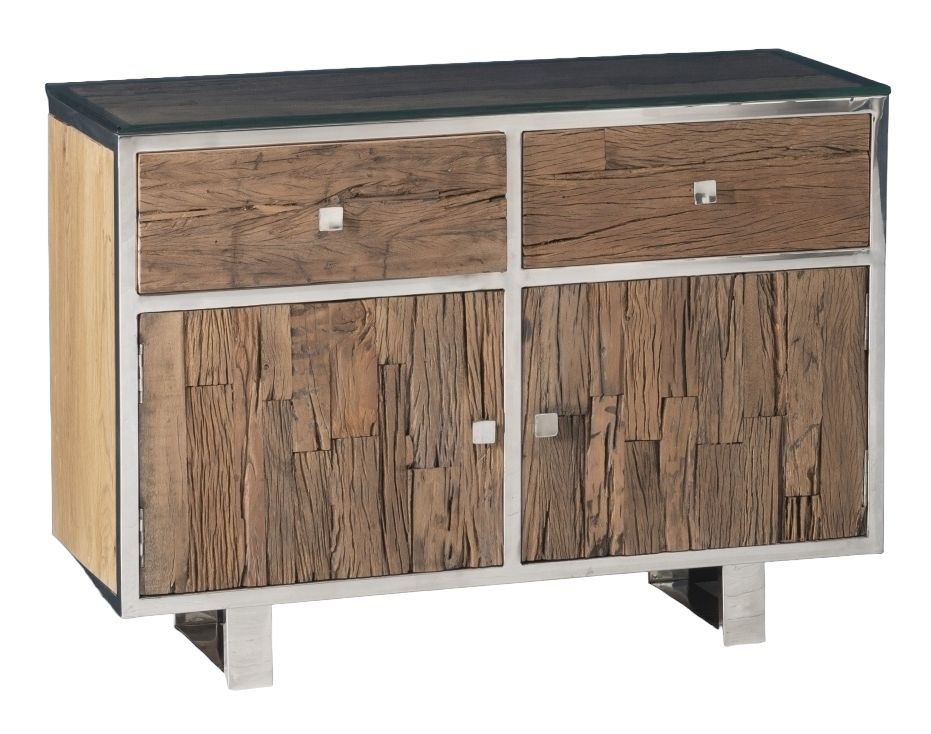 Railway Sleeper 2 Door Sideboard With Glass Top 105cm Small Cabinet With Stainless Steel Trim Made From Reclaimed Wood