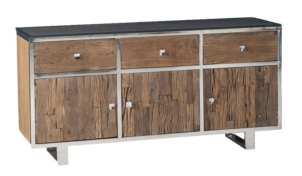Railway Sleeper 3 Door Sideboard With Glass Top 150cm Large Cabinet With Stainless Steel Trim Made From Reclaimed Wood