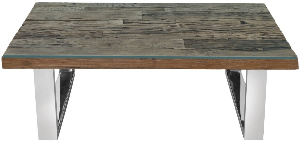 Railway Sleeper Coffee Table With Glass Top Rectangular With Stainless Steel Chrome U Legs Made From Reclaimed Wood
