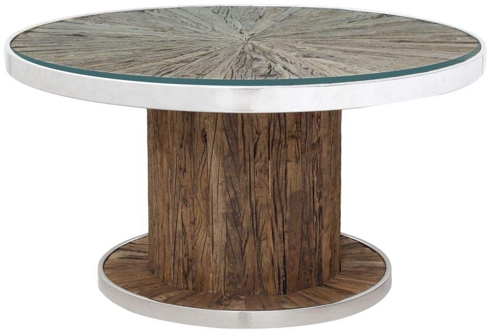 Railway Sleeper Coffee Table With Glass Top Round Column Base Made From Reclaimed Wood Steel Trim