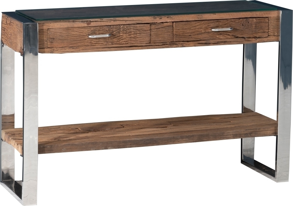 Railway Sleeper Console Table With Glass Top 120cm Rectangular With Stainless Steel Chrome U Legs Made From Reclaimed Wood