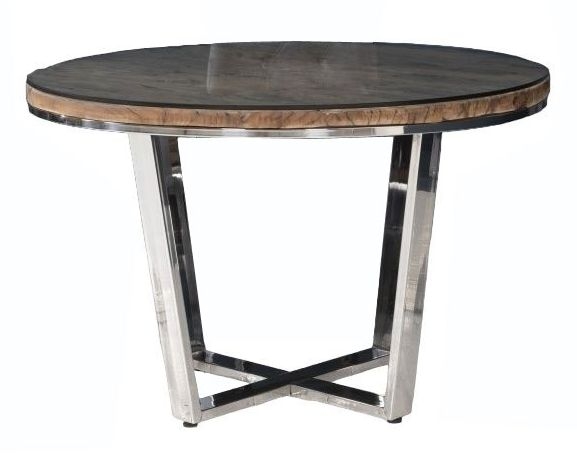 Railway Sleeper Dining Table With Glass Top 120cm Round Seats 4 Diners With Stainless Steel Chrome Legs Made From Reclaimed Wood