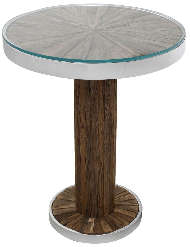 Railway Sleeper Side Table With Glass Top Round Column Base Made From Reclaimed Wood Steel Trim