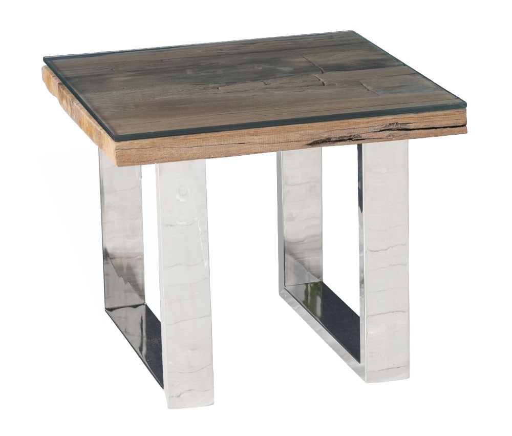 Railway Sleeper Side Table With Glass Top Square With Stainless Steel Chrome U Legs Made From Reclaimed Wood