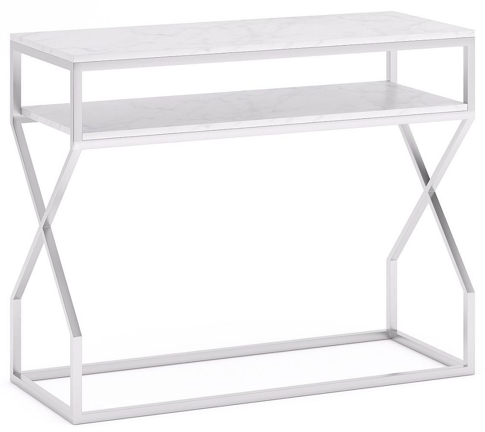 Scala White Marble Top And Chrome Console Table With Middle Shelf